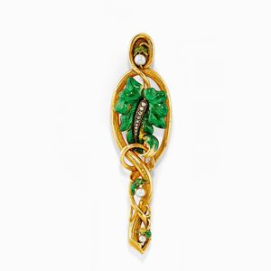 A silver, 18K yellow gold, cultured pearl, enamel and diamond brooch, defects