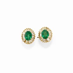 A 18k yellow gold, emerald and diamond earrings, defects
