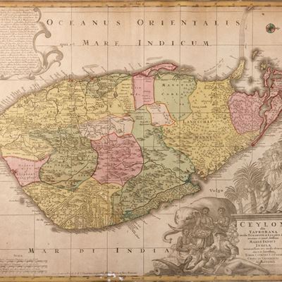 Ceylon olim Taprobana, incisione in rame del 1740 con coloritura d'epoca