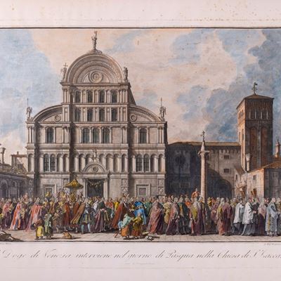 Il Doge di Venezia interviene nel giorno di Pasqua nella Chiesa di San Zaccaria, incisione all'ac...