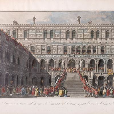 Giuseppe Battagia, Incoronazione del Doge di Venezia, incisione all'acquaforte colorata