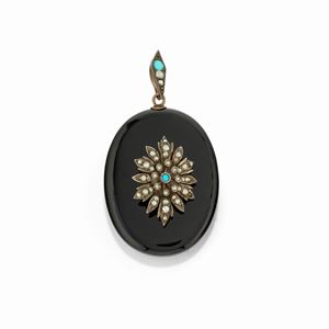 A low-carat gold, silver, micropearl, turquoise and onyx pendant
