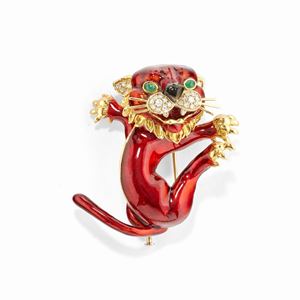 A 18k two-color gold, enamel, diamond and green gemstone brooch, Frascarolo, defects