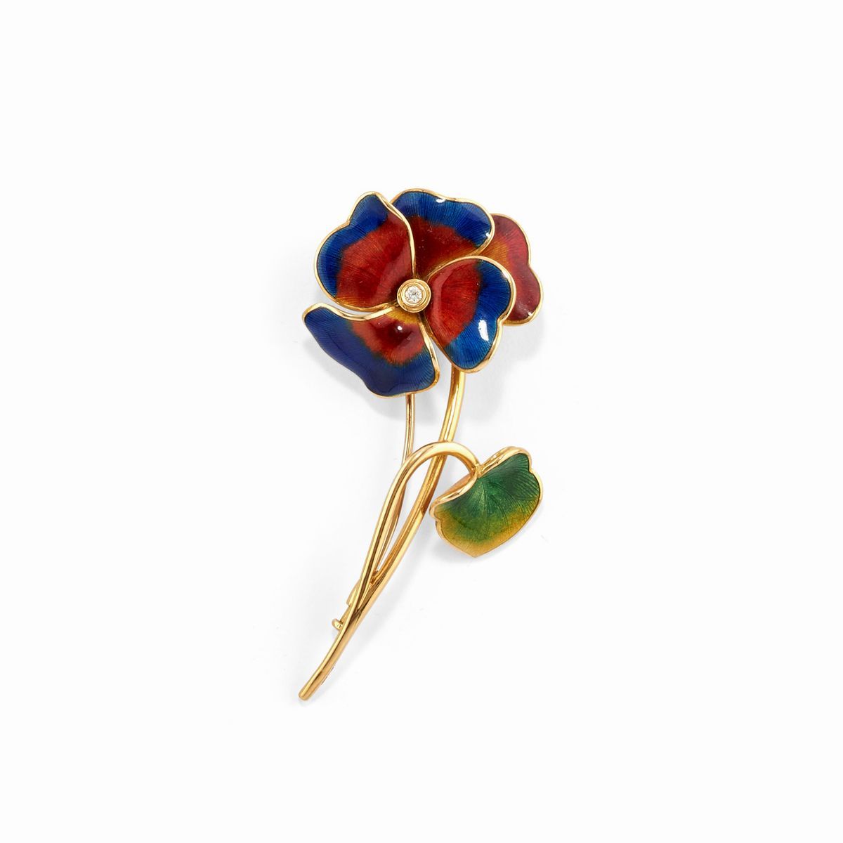 Fasano - Spilla a fiore con diamante e smalto policromo e orologio sveglia in lacca verde, in oro...