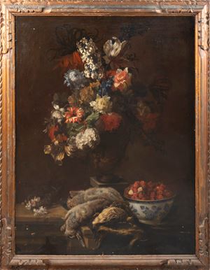 Trionfo di fiori con cacciagione e ciotola di frutti di bosco