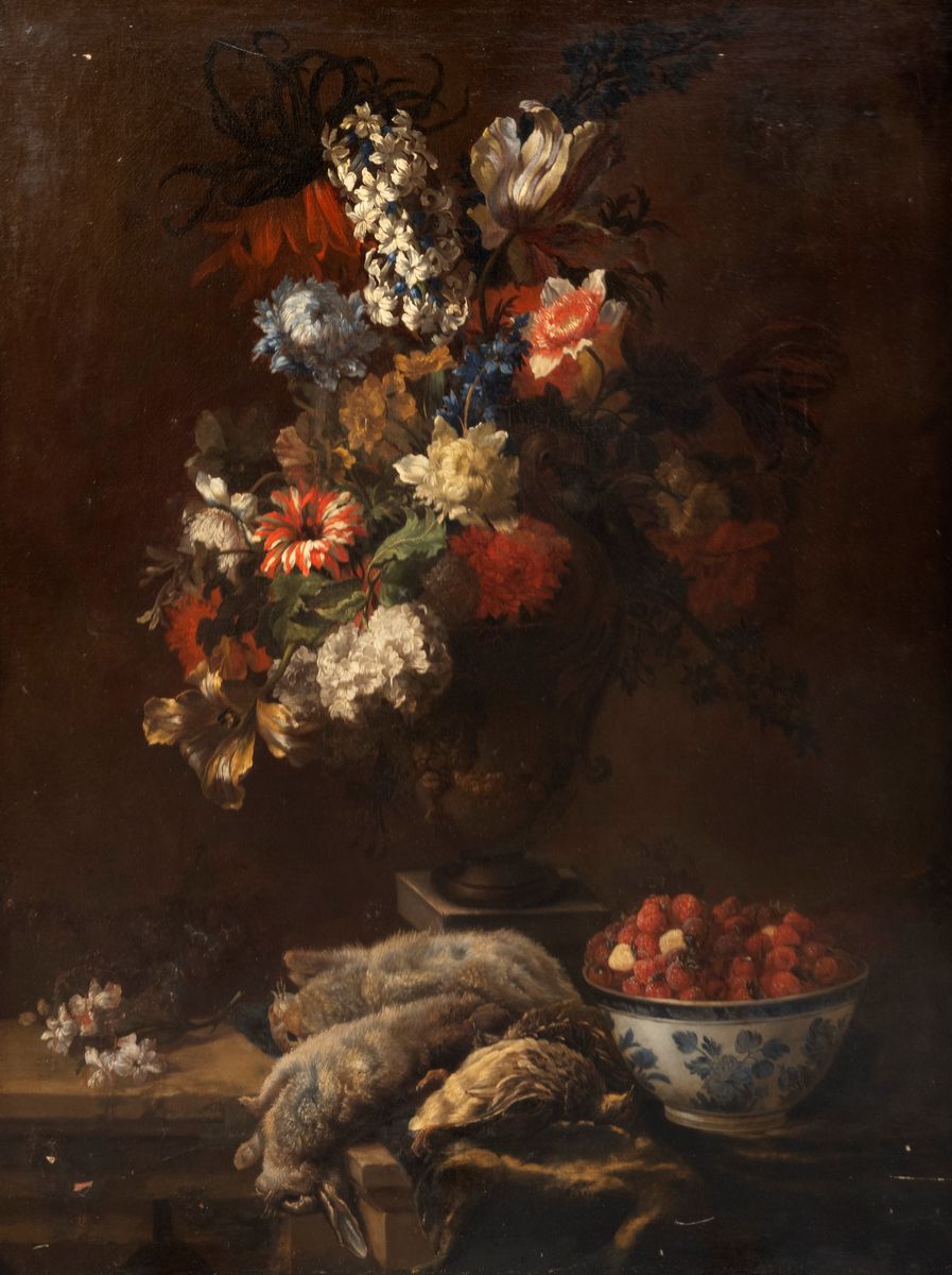 Scuola Francese, Fine Secolo XVII - Inizi Secolo XVIII - Trionfo di Fiori con Cacciagione e Cioto...