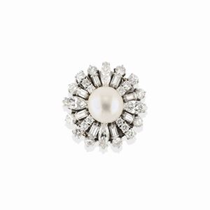 A 18k white gold, platinum, cultured pearl and diamond clasp