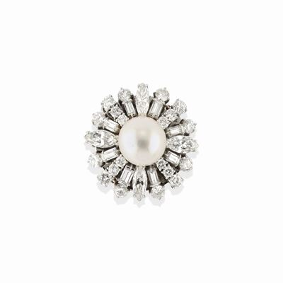 Orefice sconosciuto, Fermezza con perla in oro bianco 18k e platino