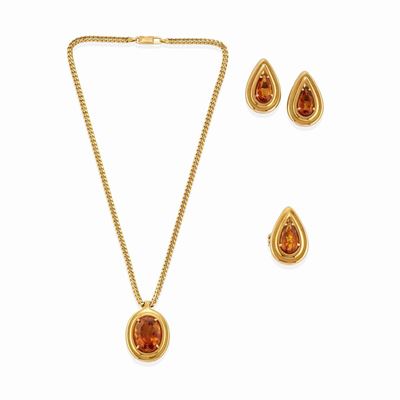 Parure in oro giallo 18k con quarzi fumé, composta da collana, anello e orecchini