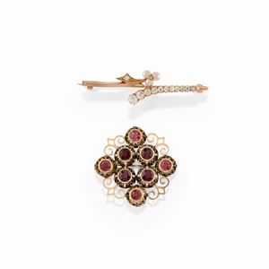 Two 18k yellow gold, silver, garnet, diamond and cultured pearl brooches