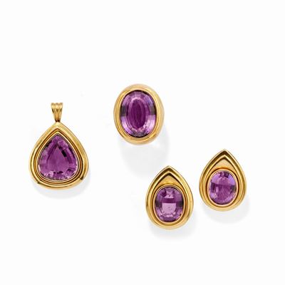 Parure in oro giallo 18k con ametiste ovali e a goccia