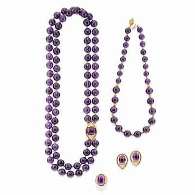 Parure in oro bicolore 18k con ametiste e diamanti