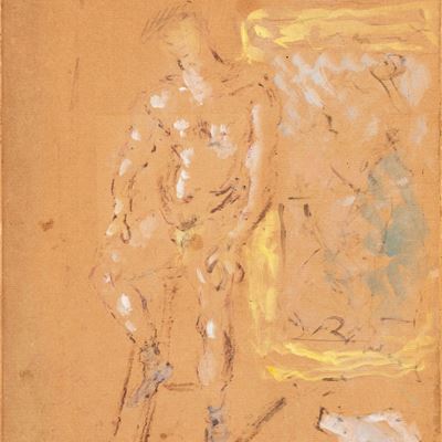 Nudo seduto - Musè, matita rossa e olio secco su carta applicata su cartone