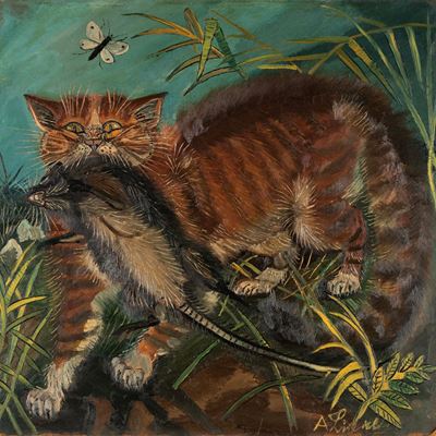 Gatto con topo, olio su faesite