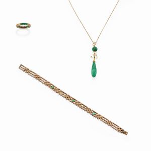 A 18k, 9k yellow gold, mircro pearl, turquoise, green gemstone and malachite jewels
