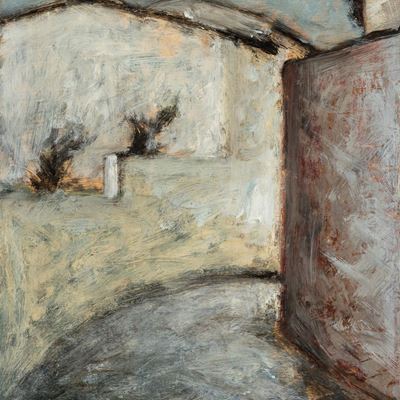 Strada, muri e case, olio su tavola