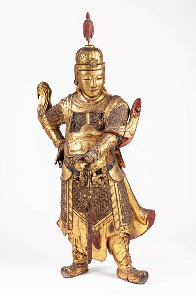 Scultura in legno intagliato e dorato, Wei Tuo, Cina, secolo XVII