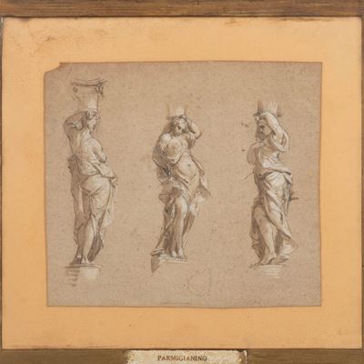 Antico Disegno con Studio per Tre Figure Femminili