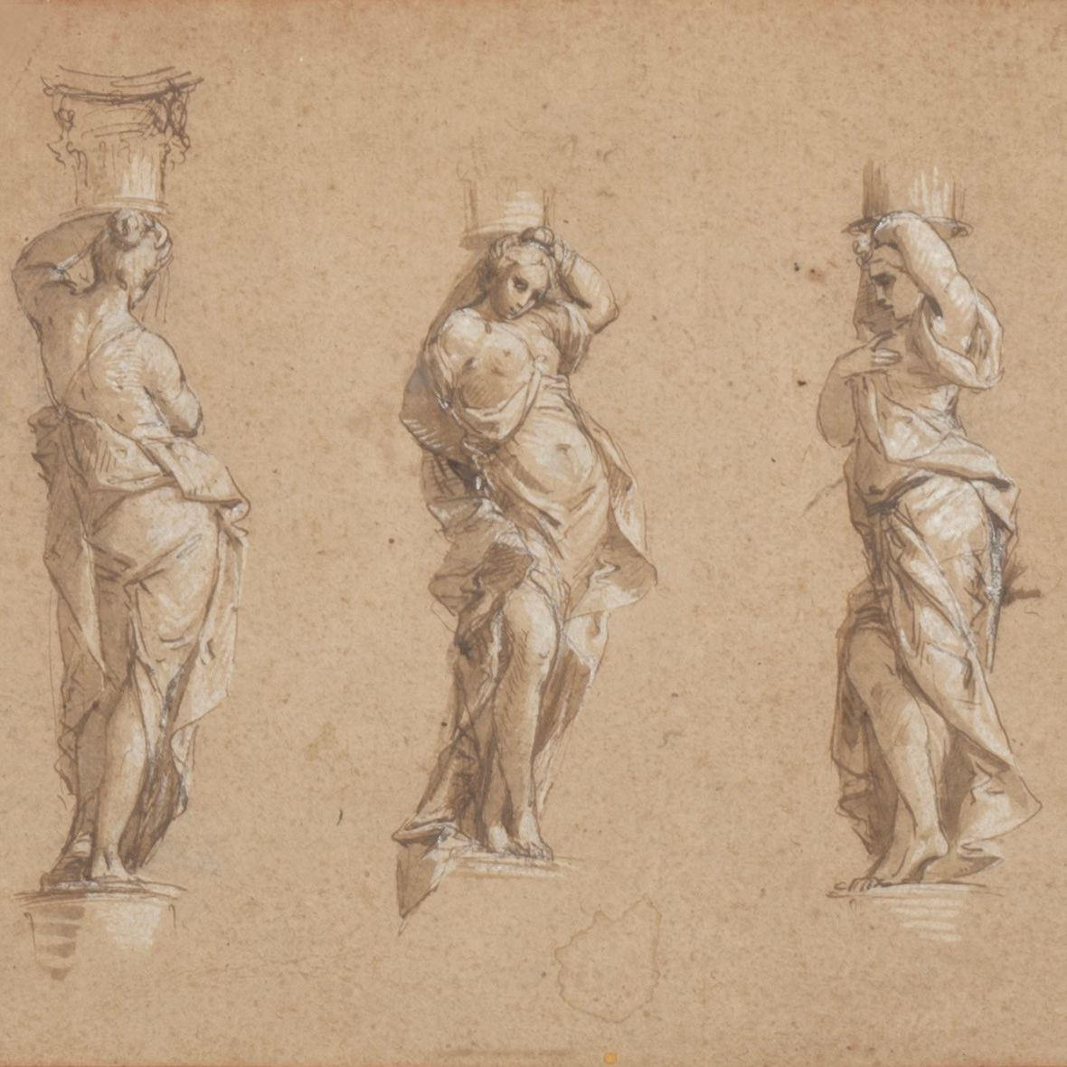 Antico Disegno con Studio per Tre Figure Femminili