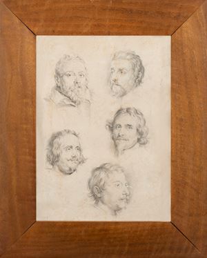 Two drawings with studies of male heads