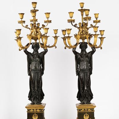 Coppia di Grandi e Importanti Candelabri Impero in Bronzo Dorato e a Patina Scura, Francia Inizi ...