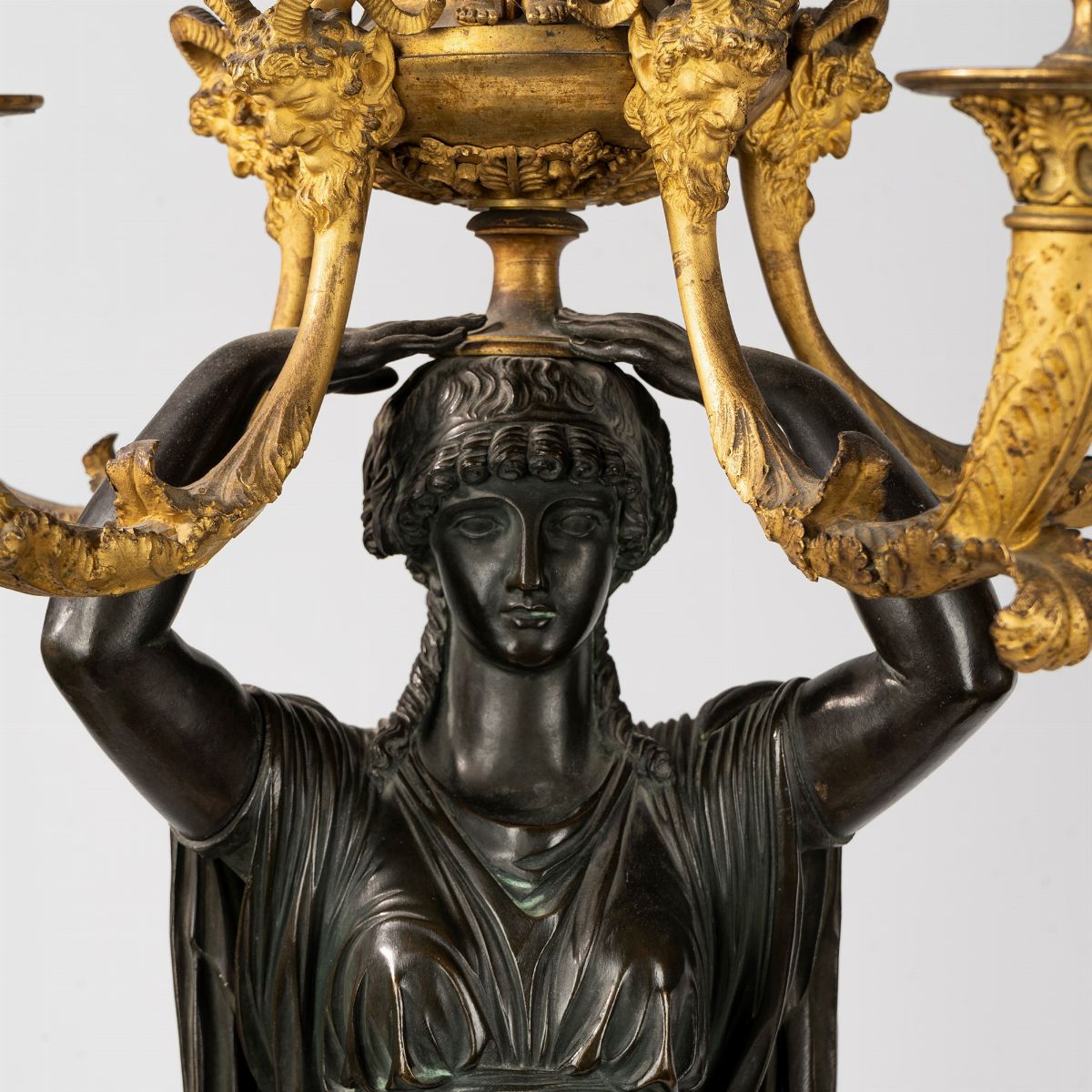 Coppia di Grandi e Importanti Candelabri Impero in Bronzo Dorato e a Patina Scura, Francia Inizi ...