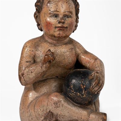 Scultura in Legno Policromo Raffigurante Gesù Bambino con Globo, Secolo XVII