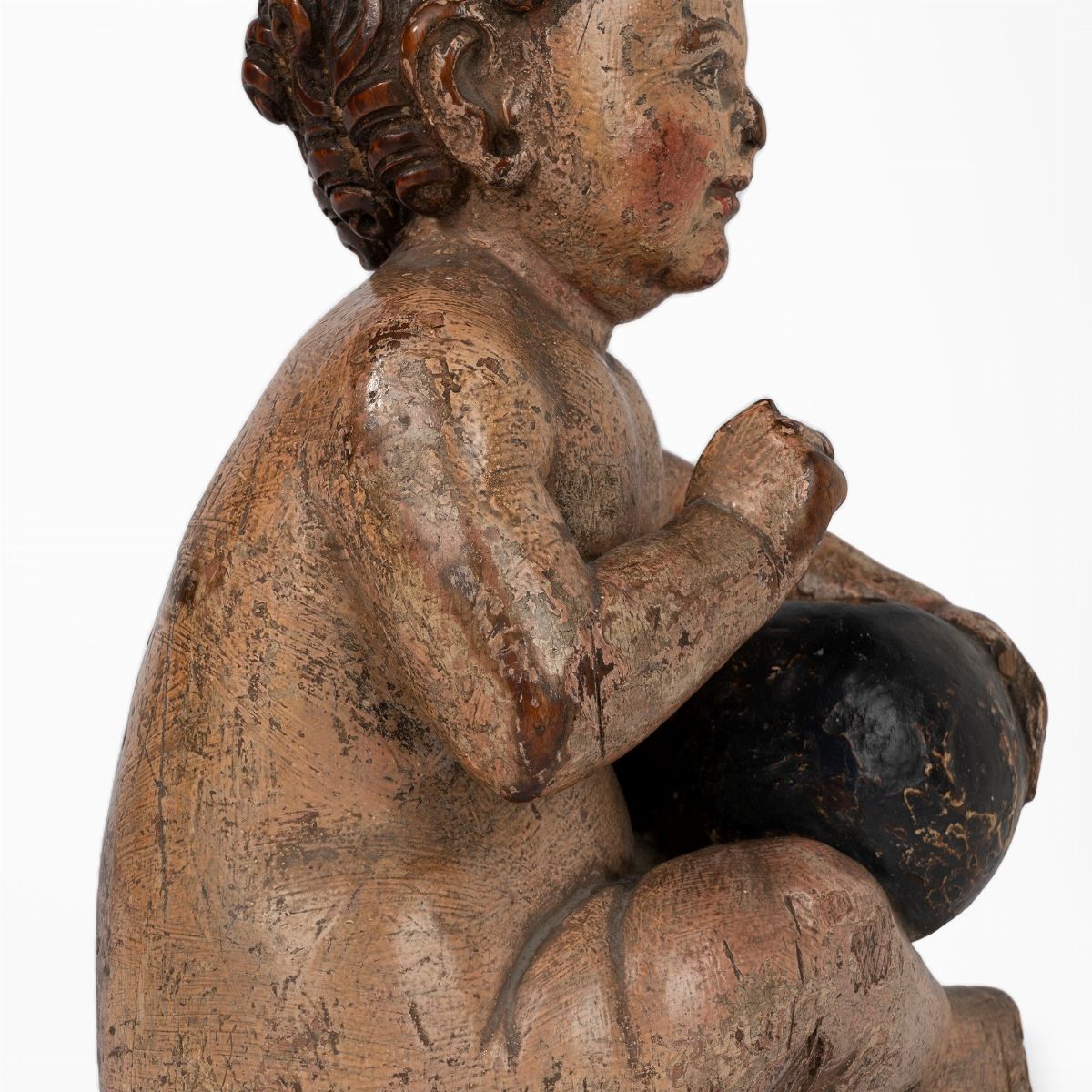 Scultura in Legno Policromo Raffigurante Gesù Bambino con Globo, Secolo XVII