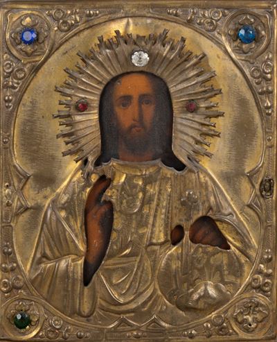 Icona con Riza in Metallo Dorato Raffigurante Cristo