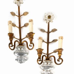  - Pair of gilded bronze and crystal wall lights, 20th century