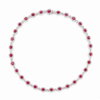 Collana con rubini e diamanti, oro bianco 18k