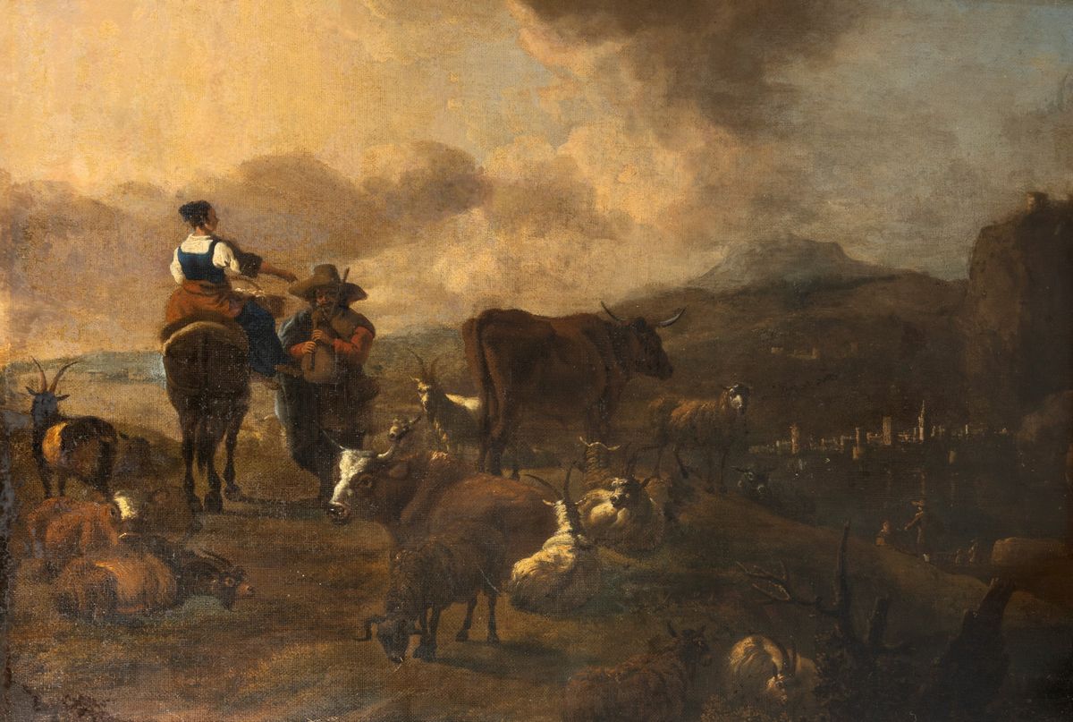 Pittore fiammingo attivo in Italia, secolo XVII - Paesaggio con pastori ...