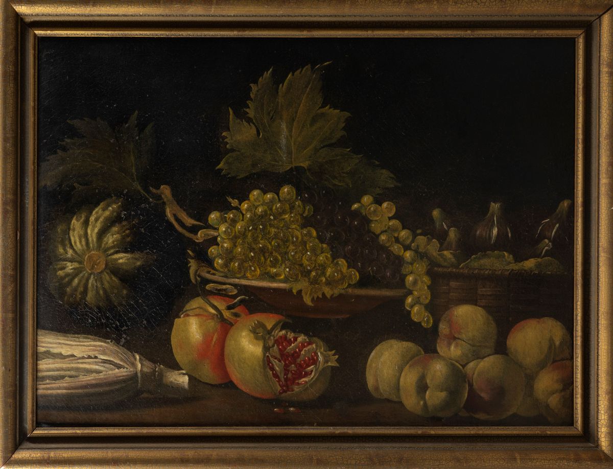 Scuola Romana, Secolo XVIII - Natura Morta con Cesto di Frutta e Melograni