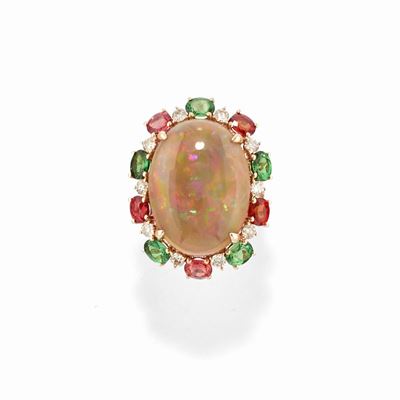 Anello con opale e cornice in diamanti e zaffiri multicolor