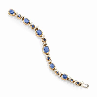 Bracciale con zaffiri Ceylon e diamanti, in platino e oro giallo 18k