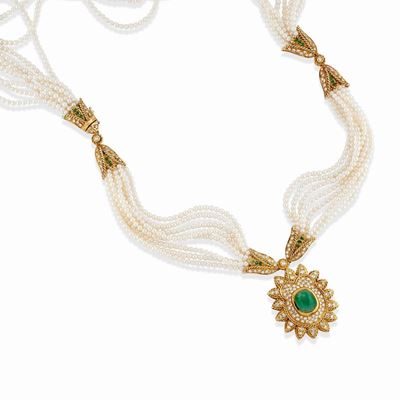 Collana con smeraldo e diamanti, oro giallo 18k