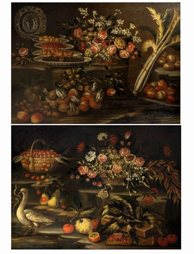 Natura Morta con Frutta, Funghi, Fiori e Cardo; e Natura Morta con Cesta di Fiori, Frutta, Ortagg...