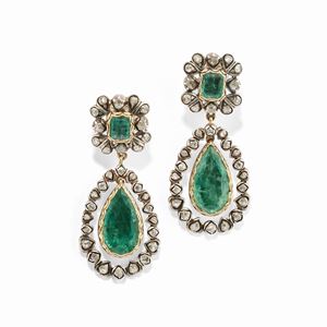 A 18k yellow gold, silver, diamond and emerald earrings, 19th Century