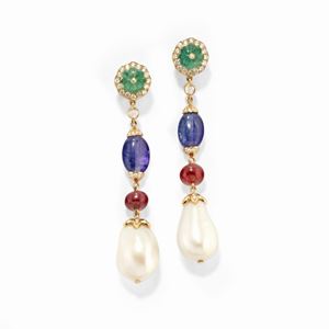 18k yellow gold, emerald, ruby, tanzanite, cultured pearl and diamond earrings