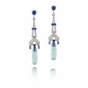 A 14k yellow gold, silver, aquamarine, sapphire and diamond earrings
