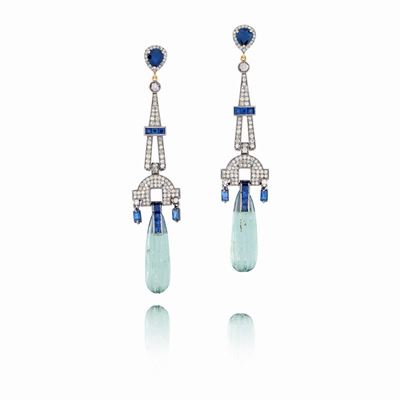 Orecchini pendenti in oro giallo 14k e argento con acquamarine e zaffiri