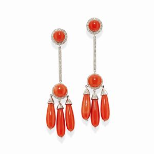 A 18k white gold, coral and diamond earrings