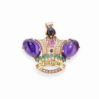 Pendente spilla in oro bicolore 14k con ametiste, smeraldi, tormaline e diamanti
