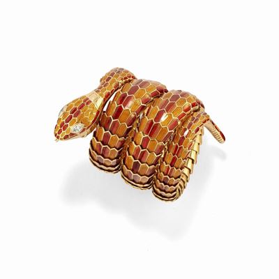 Bulgar i, Bracciale orologio serpente in oro giallo 18k con diamanti e smalto