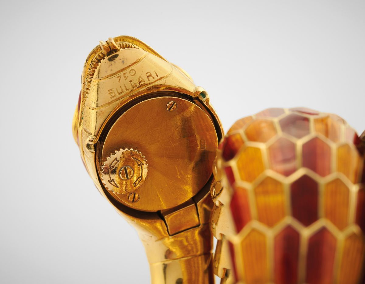 Bulgari - Bulgar i, Bracciale orologio serpente in oro giallo 18k con diamanti e smalto