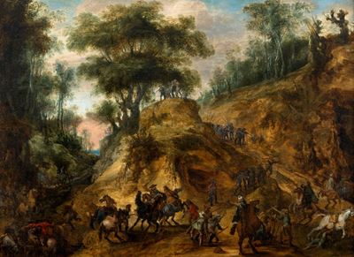 Paesaggio Boschivo con Scena di Battaglia