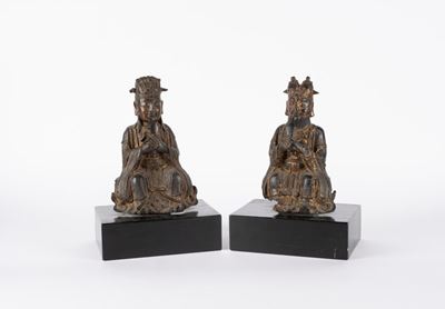 Due guardiani degli inferi, sculture in bronzo, Cina, secolo XVII