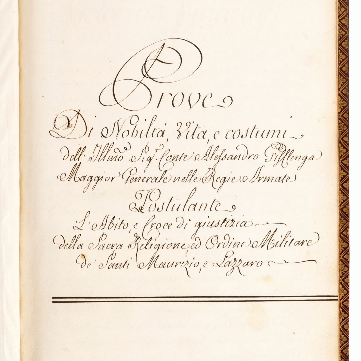 Manoscritto di Alessandro Gifflenga, Prove di Nobiltà e Costumi dell'Ill.mo Sig. Conte con Albero...