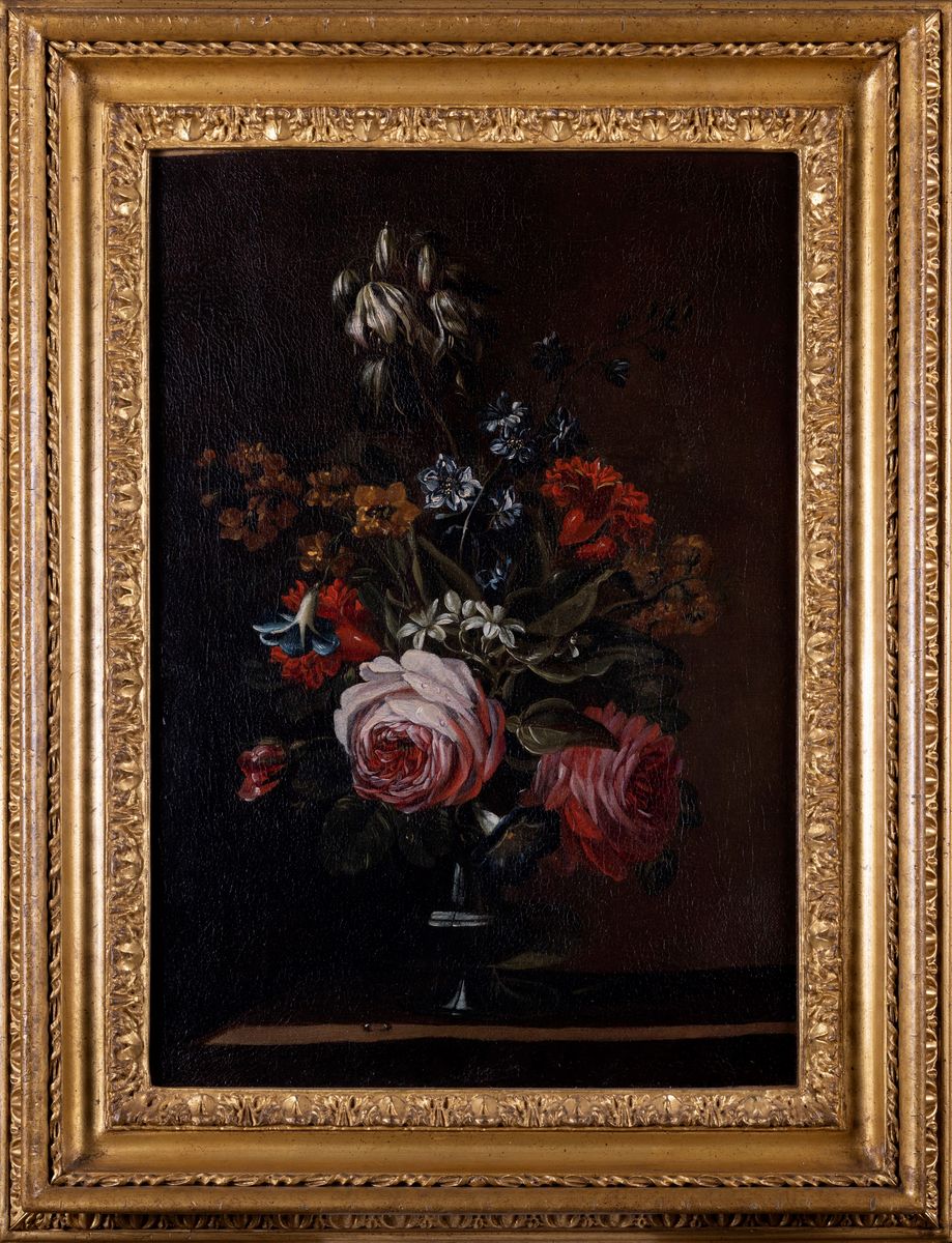 Scuola Fiamminga, Secolo XVII - Rose, Narcisi, Campanule e Altri Fiori in un Vaso