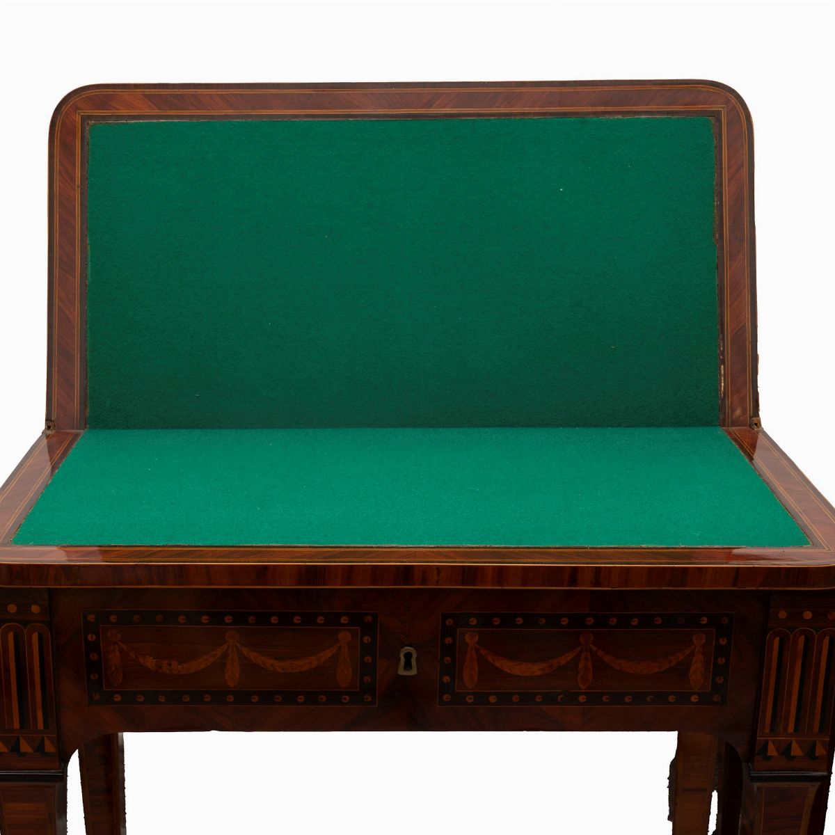 Due Tavoli da Gioco Luigi XVI in Legno Intarsiato, con Stemma Nobiliare sul Piano, Secolo XVIII